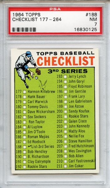 1964 Topps 188 3rd Series Checklist PSA NM 7