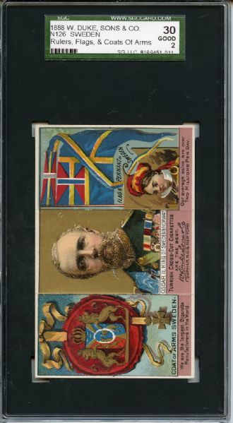 N126 1888 W Duke, Sons & Co - Rulers, Flags & Coats of Arms Sweeden SGC GOOD 30 / 2