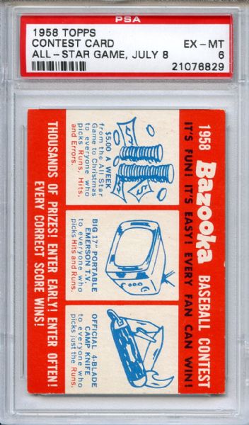 1958 Topps Contest Card All Star Game July 8 PSA EX-MT 6