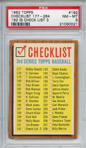 1962 Topps 192 3rd Series Checklist PSA NM-MT 8