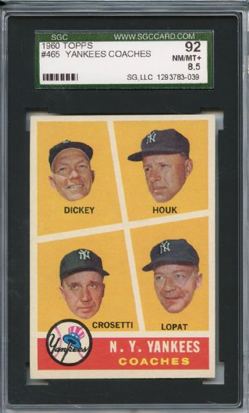 1960 Topps 465 Yankees Coaches SGC NM/MT+ 92 / 8.5