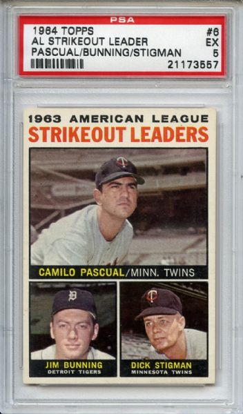 1964 Topps 6 AL Strikeout Leaders Bunning PSA EX 5