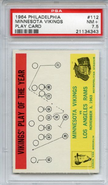 1964 Philadelphia 112 Minnesota Vikings Play Card PSA NM+ 7.5