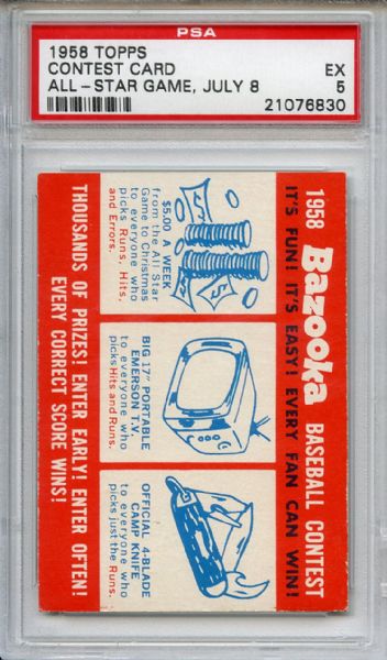 1958 Topps Contest Card All Star Game July 8 PSA EX 5