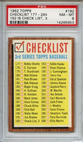 1962 Topps 192 3rd Series Checklist Check List, 3 PSA NM-MT 8