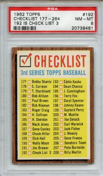 1962 Topps 192 3rd Series Checklist Check List 3 PSA NM-MT 8