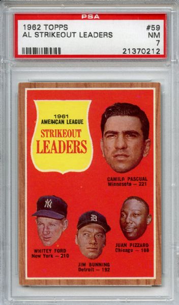 1962 Topps 59 AL Strikeout Leaders Ford Bunning PSA NM 7