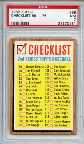 1962 Topps 98 2nd Series Checklist PSA NM 7