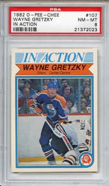 1982 O-Pee-Chee 107 Wayne Gretzky In Action PSA NM-MT 8
