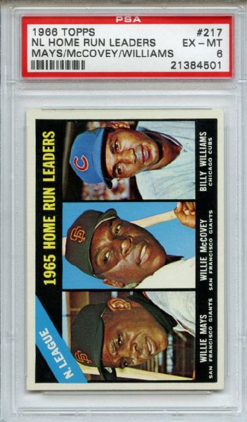 1966 Topps 217 NL Home Run Leaders Mays McCovey Williams PSA EX-MT 6