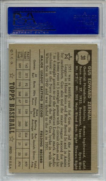 1952 Topps 31 Gus Zernial Black Back PSA EX-MT 6