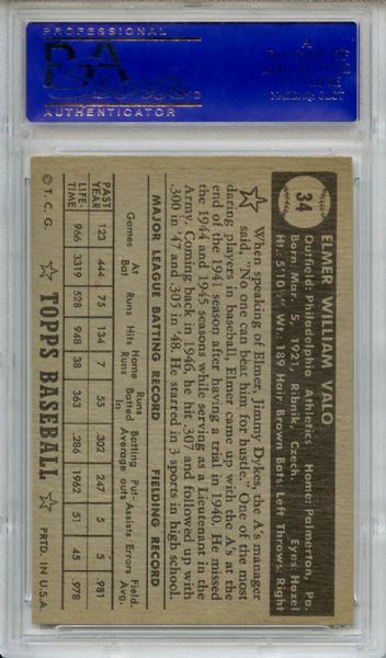 1952 Topps 34 Elmer Valo Black Back PSA EX-MT 6