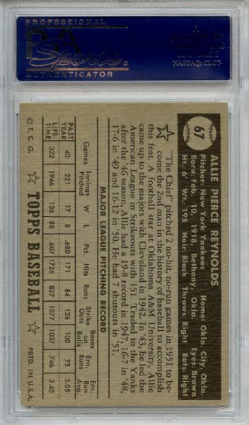 1952 Topps 67 Allie Reynolds Black Back PSA EX-MT 6