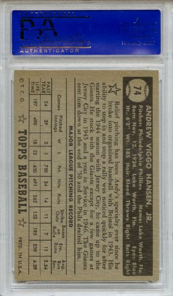 1952 Topps 74 Andy Hansen Black Back PSA NM 7