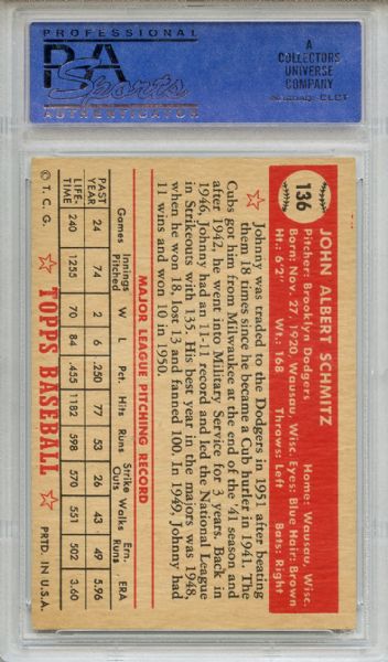 1952 Topps 136 Johnny Schmitz PSA EX-MT 6