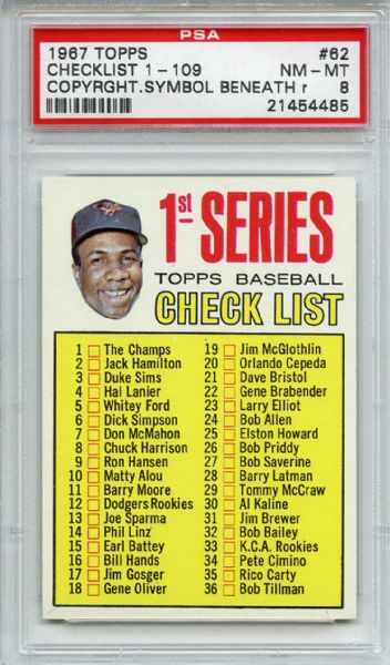 1967 Topps 62 Frank Robinson Checklist PSA NM-MT 8