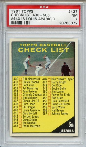 1961 Topps 437 Checklist 440 IS Louis Aparicio PSA NM 7