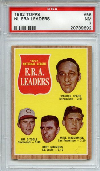 1962 Topps 56 NL ERA Leaders Spahn PSA NM 7