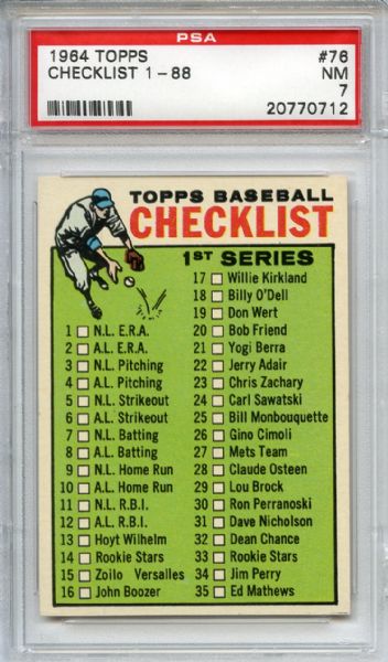 1964 Topps 76 1st Series Checklist PSA NM 7