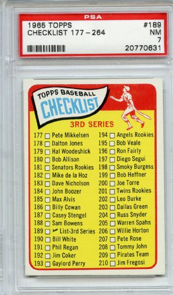 1965 Topps 189 3rd Series Checklist PSA NM 7