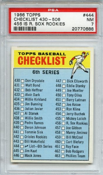 1966 Topps 444 6th Series Checklist 456 is R. Sox PSA NM-MT 8