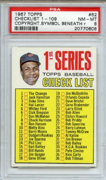 1967 Topps 62 Frank Robinson Checklist Copyright Symbol Beneath r PSA NM-MT 8