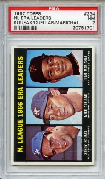 1967 Topps 234 NL ERA Leaders Koufax Marichal PSA NM 7