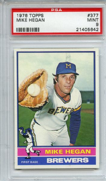 1976 Topps 377 Mike Hegan PSA MINT 9