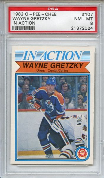 1982 O-Pee-Chee 107 Wayne Gretzky In Action PSA NM-MT 8