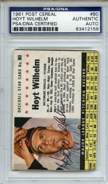 Hoyt Wilhelm Signed 1961 Post Cereal Card PSA/DNA