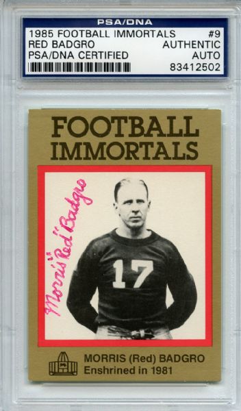 Red Badgro 9 Signed 1985 Football Immortals Card PSA/DNA 