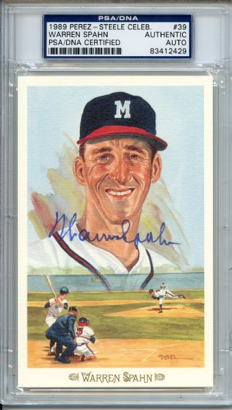 Warren Spahn Signed Perez Steele Celebration Postcard PSA/DNA