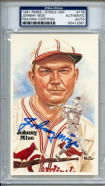 Johnny Mize Signed Perez Steele HOF Postcard PSA/DNA