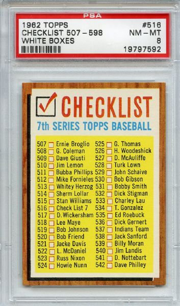 1962 Topps 516 7th Series Checklist White Boxes PSA NM-MT 8