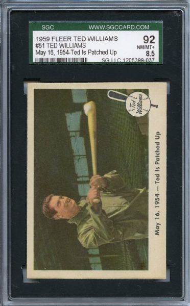 1959 Fleer Ted Williams 51 is Patched Up SGC NM/MT+ 92 / 8.5