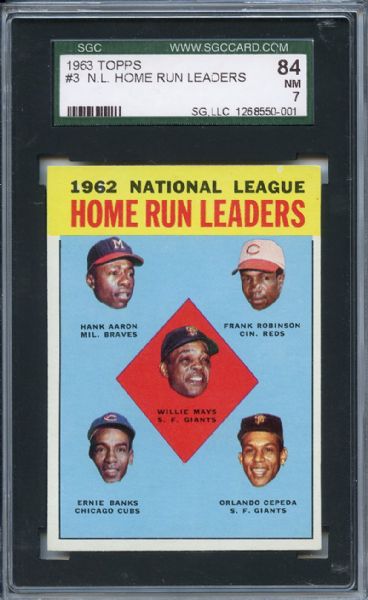 1963 Topps 3 NL Home Run Leaders Mays Aaron Robinson Banks Cepeda SGC NM 84 / 7