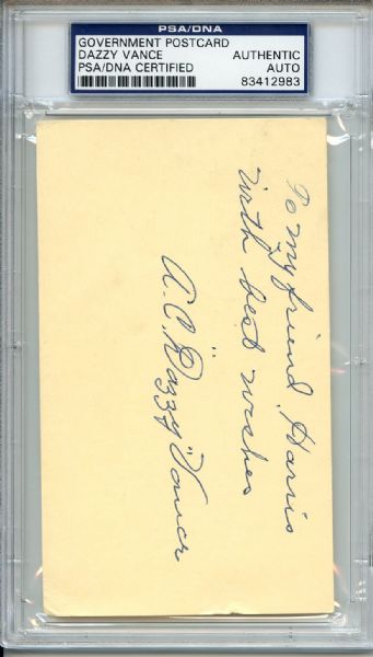 Dazzy Vance Signed Government Postcard PSA/DNA