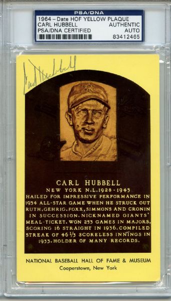 Carl Hubbell Signed HOF Postcard PSA/DNA