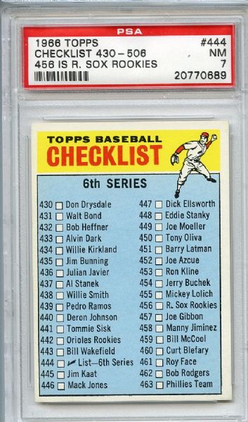 1966 Topps 444 6th Series Checklist 456 is R. Sox Rookies PSA NM 7