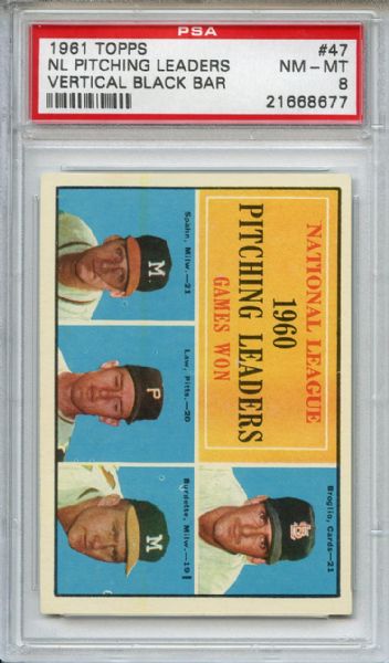 1961 Topps 47 NL Pitching Leaders Spahn Vertical Black Bar PSA NM-MT 8