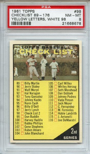 1961 Topps 98 Checklist Yellow Letters White 98 PSA NM-MT 8