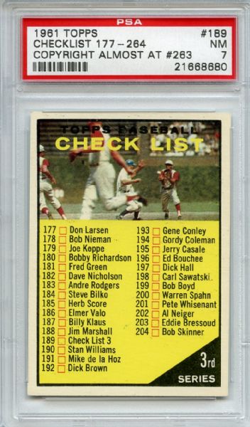 1961 Topps 189 Checklist Copyright Almost at 263 PSA NM 7
