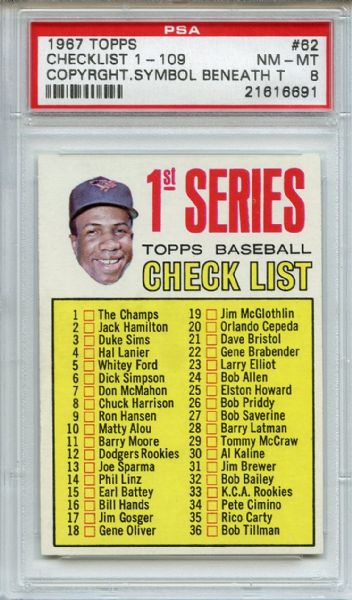 1967 Topps 62 Frank Robinson Checklist CR Symbol Beneath T PSA NM-MT 8