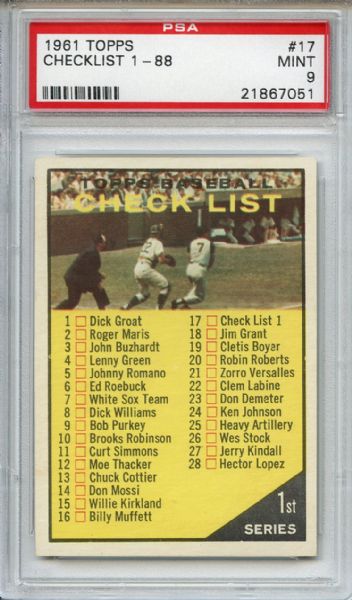 1961 Topps 17 1st Series Checklist PSA MINT 9