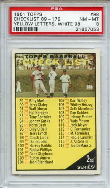 1961 Topps 98 2nd Series Checklist Yellow Letters, white 98 PSA NM-MT 8