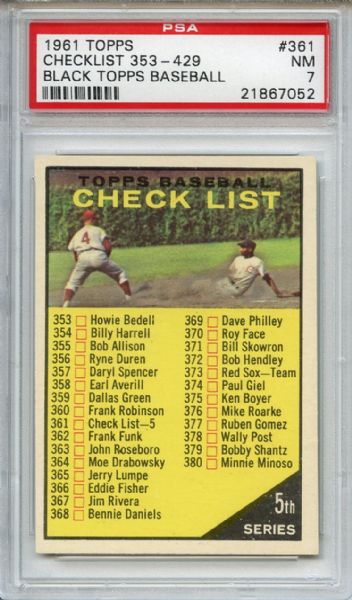 1961 Topps 361 5th Series Checklist Black Baseball PSA NM 7