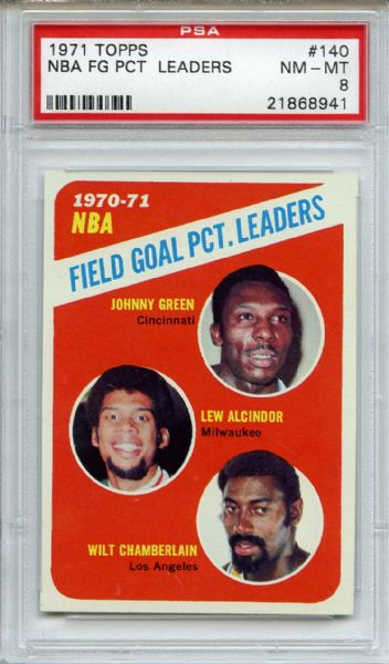 1971 Topps 140 NBA FG Pct Leaders Alcindor Chamberlain PSA NM-MT 8