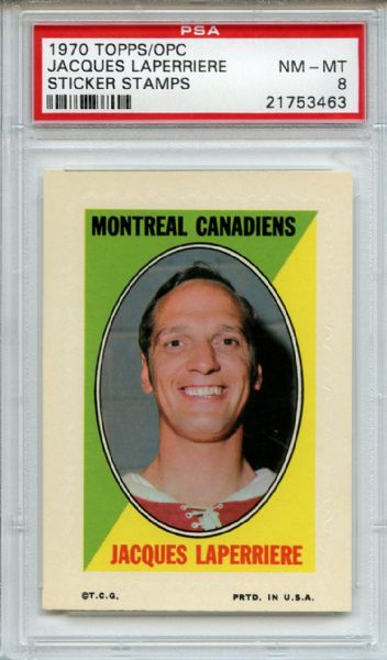 1970 Topps/OPC Sticker Stamps Jacques LaPierriere PSA NM-MT 8