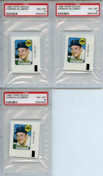 Lot of (3) 1969 Topps Decals Harmon Killebrew All PSA NM-MT 8
