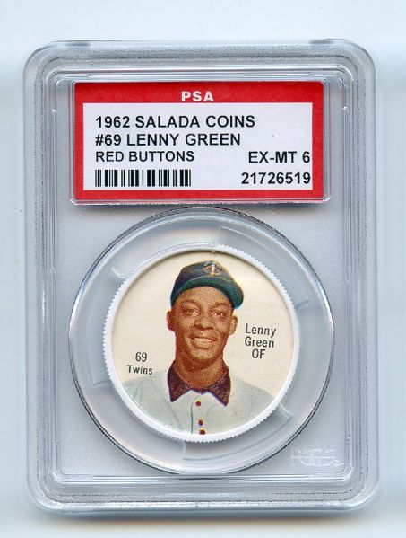 1962 Salada Coins 69 Lenny Green Red Buttons PSA EX-MT 6